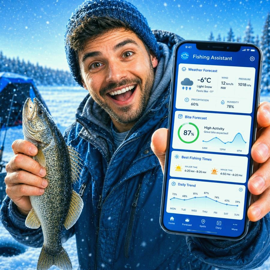 Fishing Assistant app screen with forecast and map